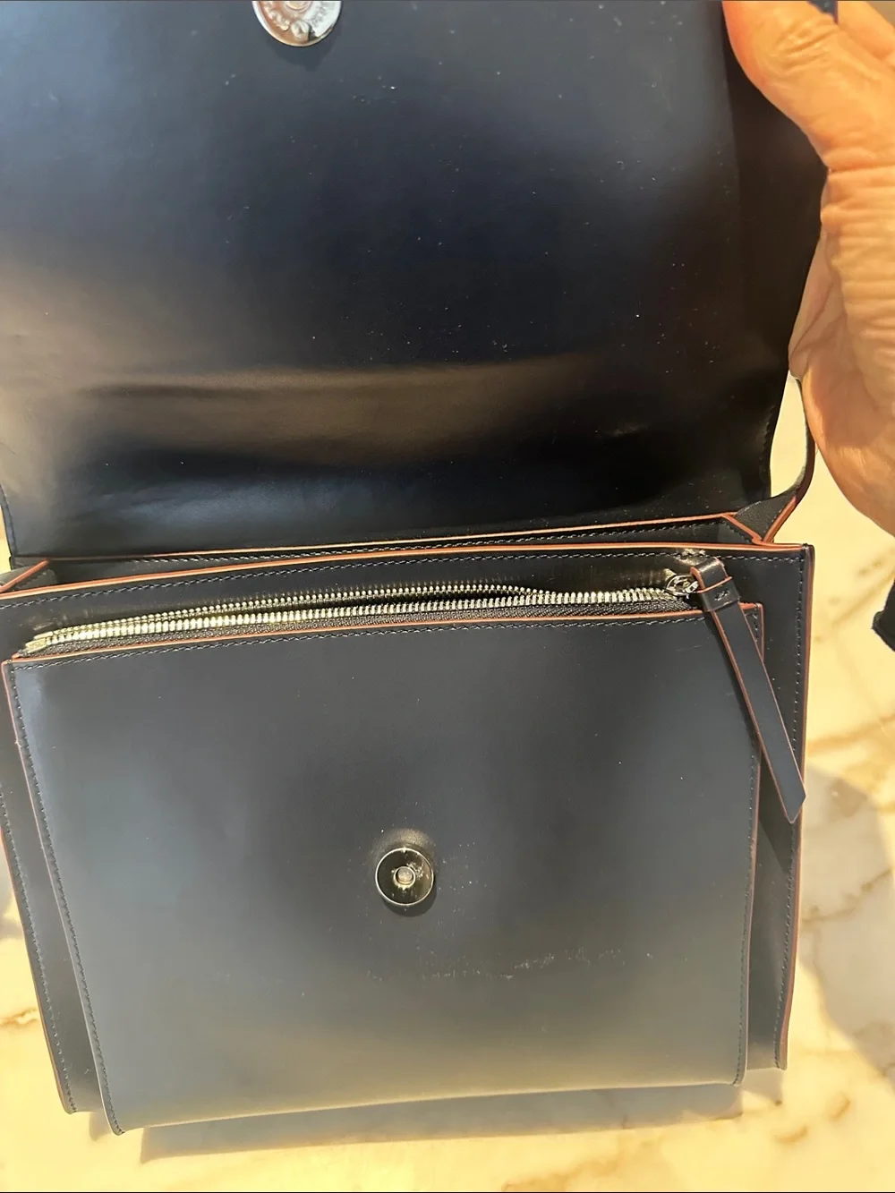 & Other Stories Navy Leather Messenger/Satchel Bag with Brown Trim